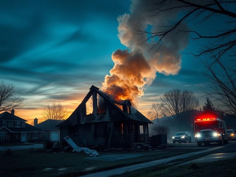 Flick International Charred remnants of a house fire in a suburban neighborhood