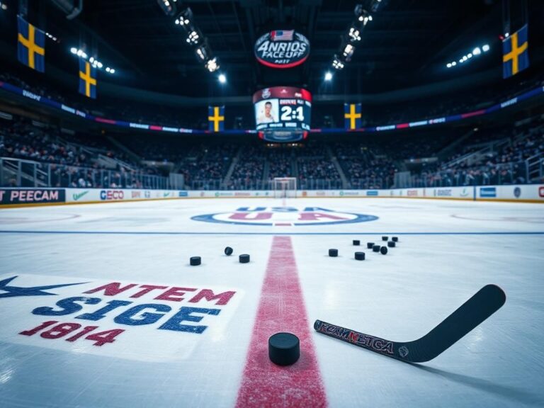 Flick International A detailed view of the hockey rink showing Team USA and Team Sweden logos on the ice