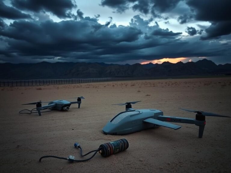 Flick International Abandoned surveillance drones in a desolate border landscape