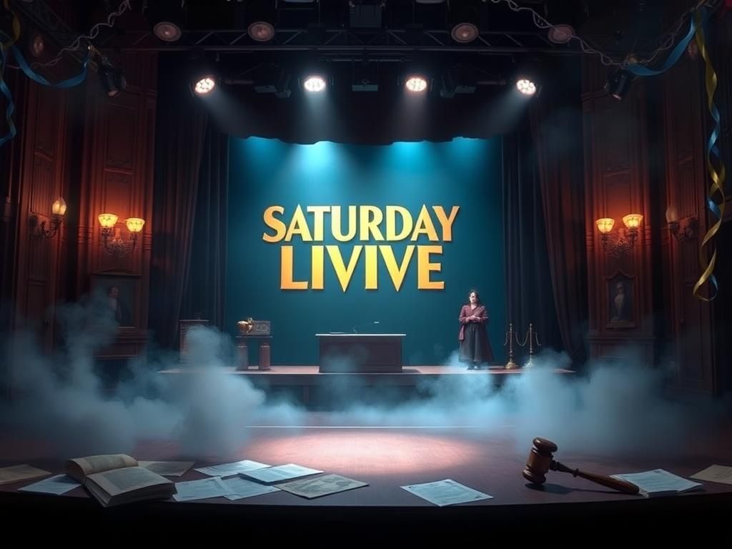 Flick International Dimly lit theater stage featuring vintage Saturday Night Live backdrop with scattered legal documents and a gavel