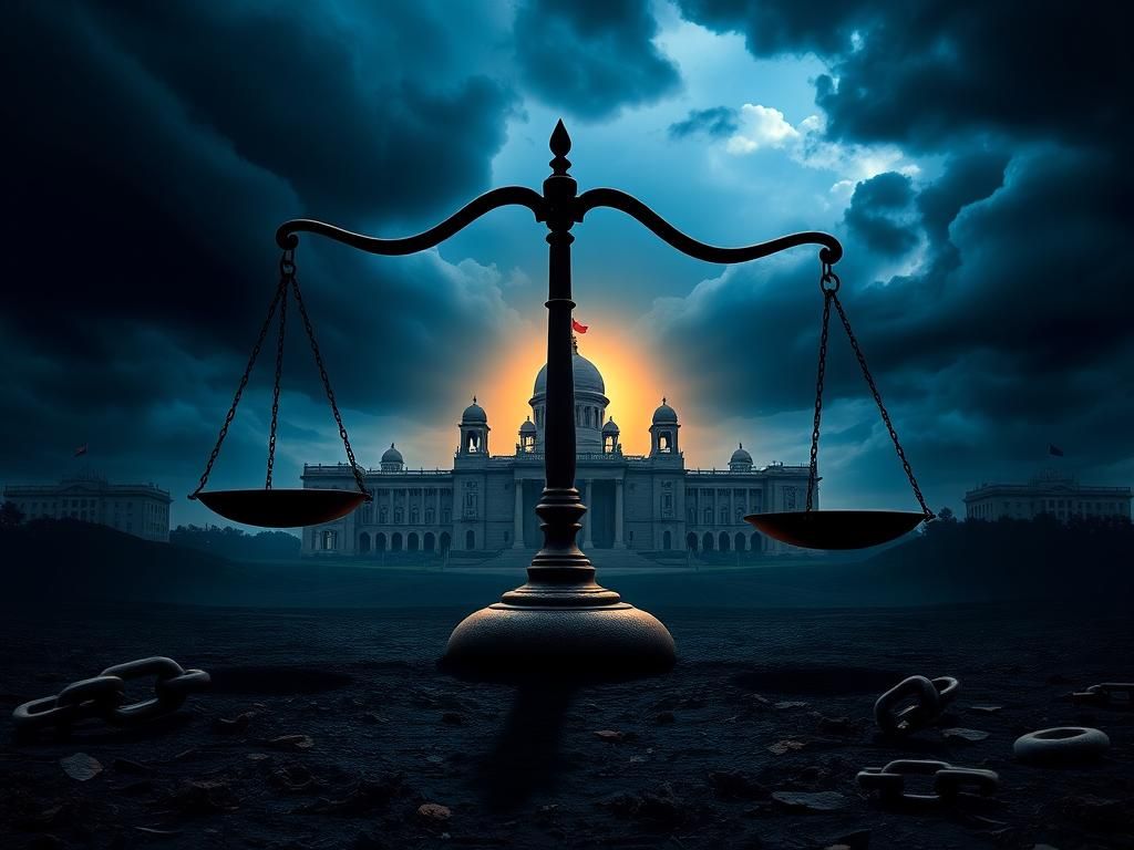 Flick International Dramatic illustration of justice scales with gavel and broken chain symbolizing Imran Khan's political struggles