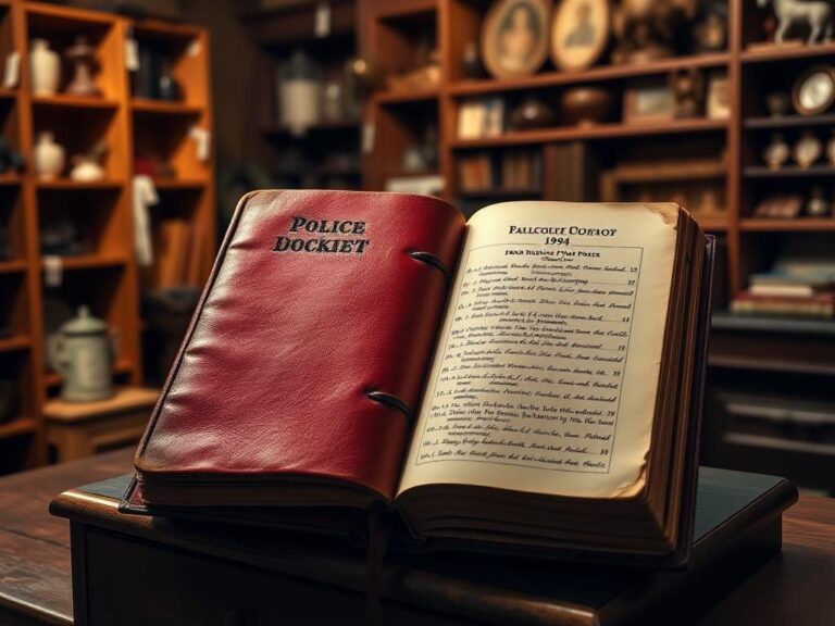 Flick International Vintage leather-bound police docket from 1904 displayed on an antique wooden desk