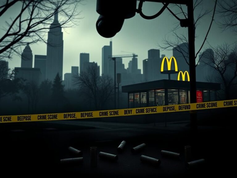 Flick International Stylized representation of a high-profile assassination case in an urban setting with New York City skyline