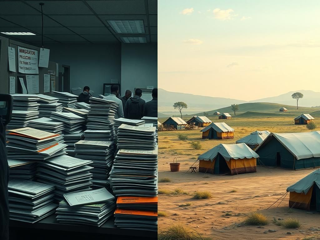 Flick International Split scene contrasting a chaotic immigration processing center with a serene refugee camp