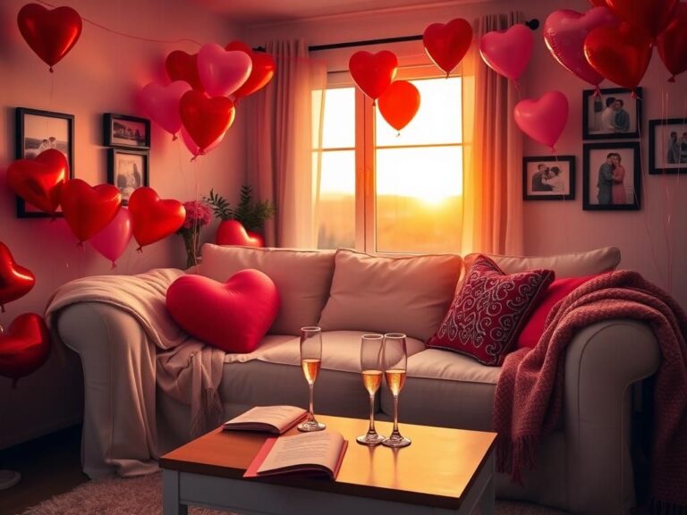 Flick International Cozy living room setting decorated for romance with heart-shaped balloons