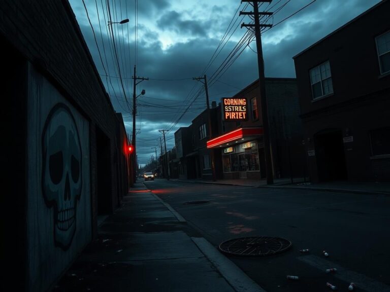 Flick International Dark urban landscape at dusk with a faded skull mural representing the drug crisis