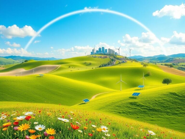 Flick International A vibrant landscape symbolizing a hopeful civilization with green hills and diverse flowers