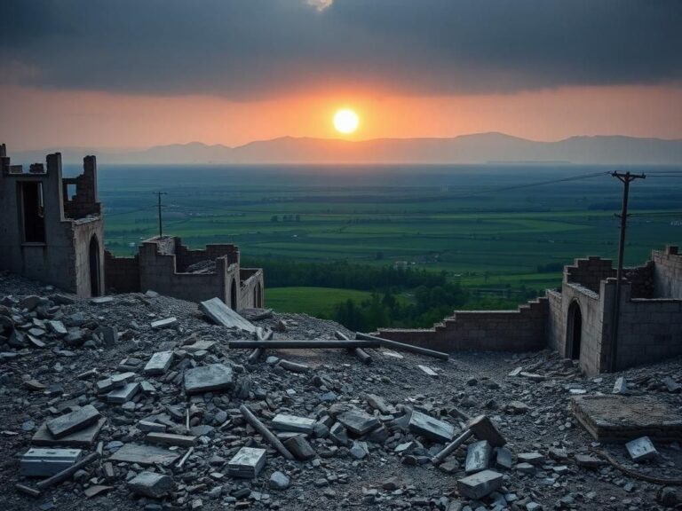 Flick International A somber landscape depicting the aftermath of conflict in the Middle East, showing ruins and a distant hopeful valley.