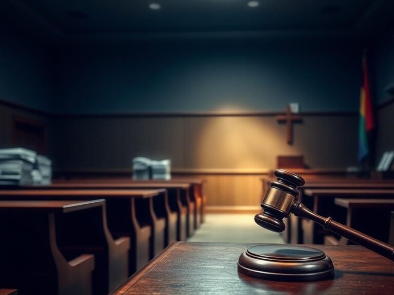 Flick International Somber courtroom scene with empty benches and a gavel, reflecting a legal struggle