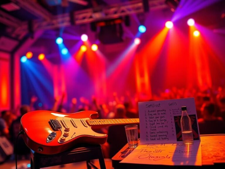 Flick International Electric guitar on a stool with a cheering audience in the background