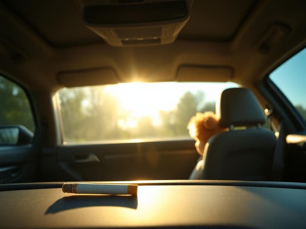 Flick International Interior of a parked car with a child's booster seat and an unlit cigarette on the dashboard