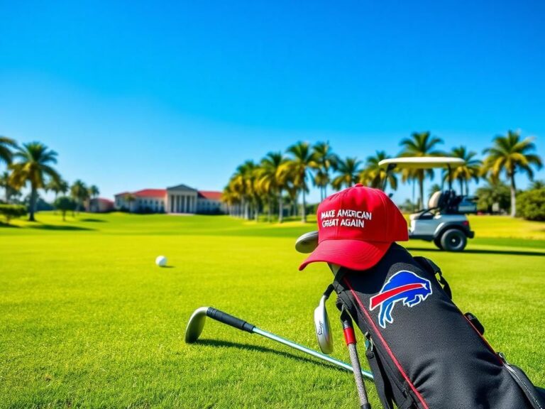 Flick International Buffalo Bills players posing with President Donald Trump on a golf course