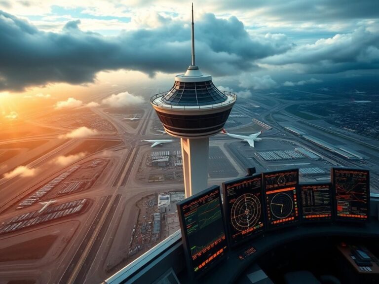 Flick International Aerial view of a modern air traffic control tower amidst busy airports and highways symbolizing transportation management.