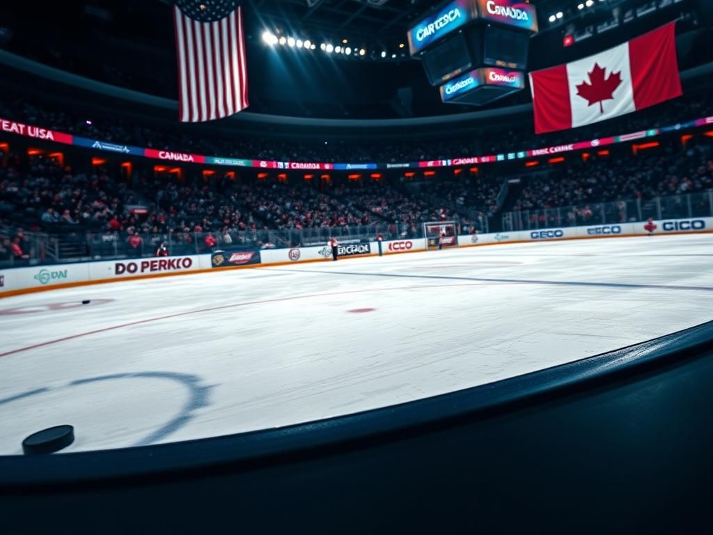 Flick International Dramatic hockey rink scene in Boston with vibrant team banners