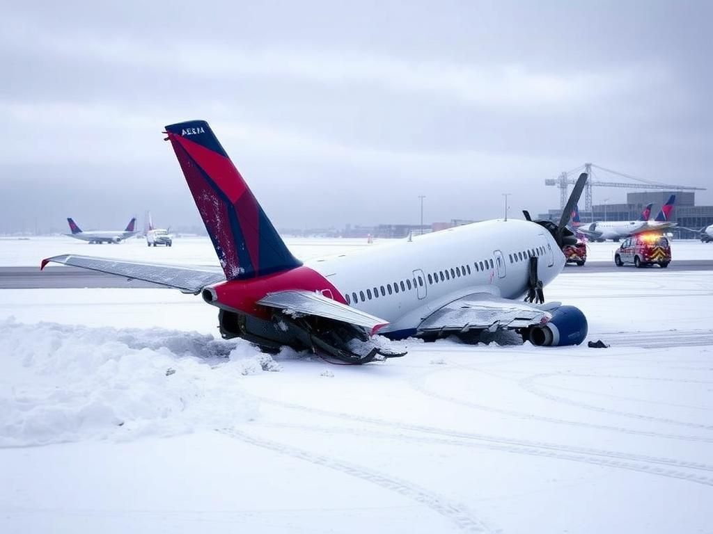 Flick International Upside-down Delta CRJ-900 aircraft crashed on snow-covered tarmac at Toronto Pearson Airport