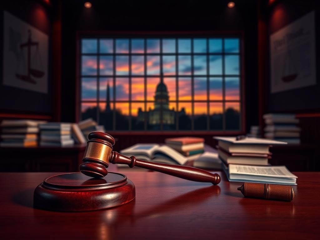 Flick International Dramatic courtroom scene with a gavel on a wooden bench and Washington D.C. skyline in the background