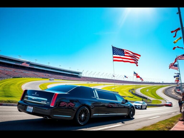 Flick International A polished black presidential limousine at the Daytona International Speedway amidst vibrant NASCAR racing scenes