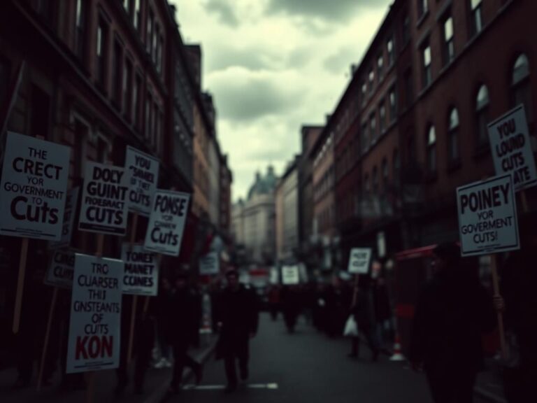 Flick International A darkened street lined with protest signs against government cuts