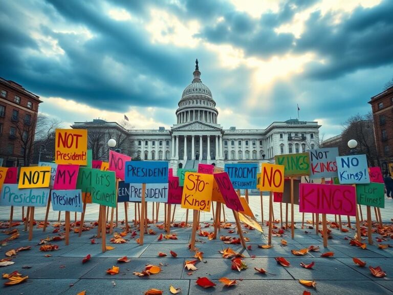 Flick International Colorful protest signs in an empty public square against a dramatic sky