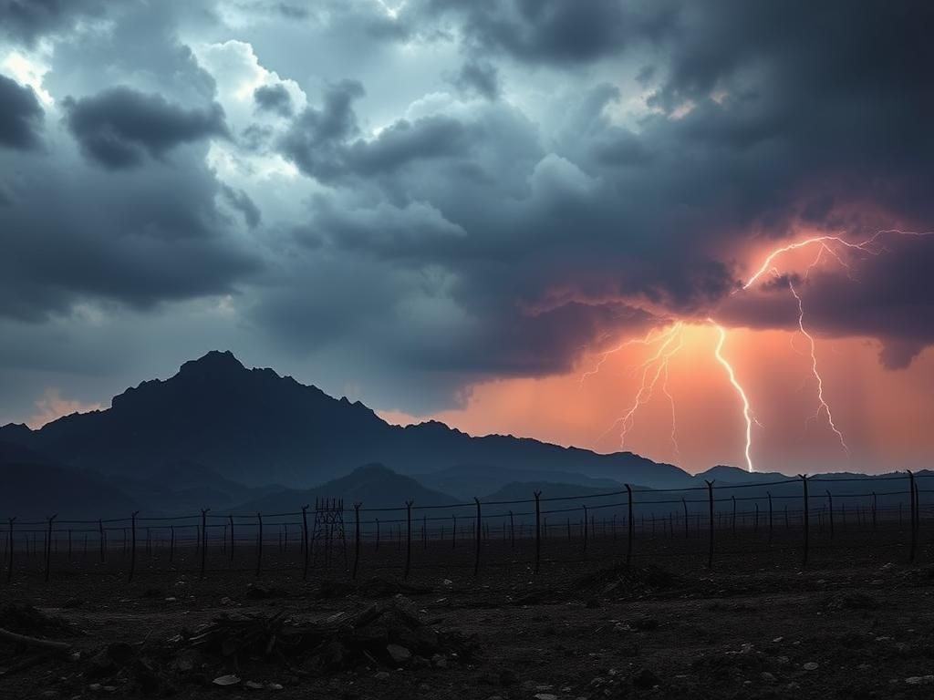 Flick International Dramatic landscape depicting a rugged mountain range under a stormy sky in North Korea