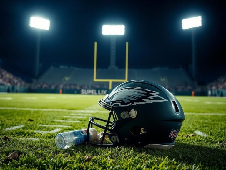 Flick International Worn Philadelphia Eagles helmet on grass symbolizes resilience and hope