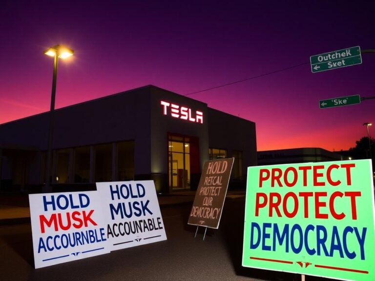 Flick International Colorful protest signs against Elon Musk outside a Tesla dealership at dusk