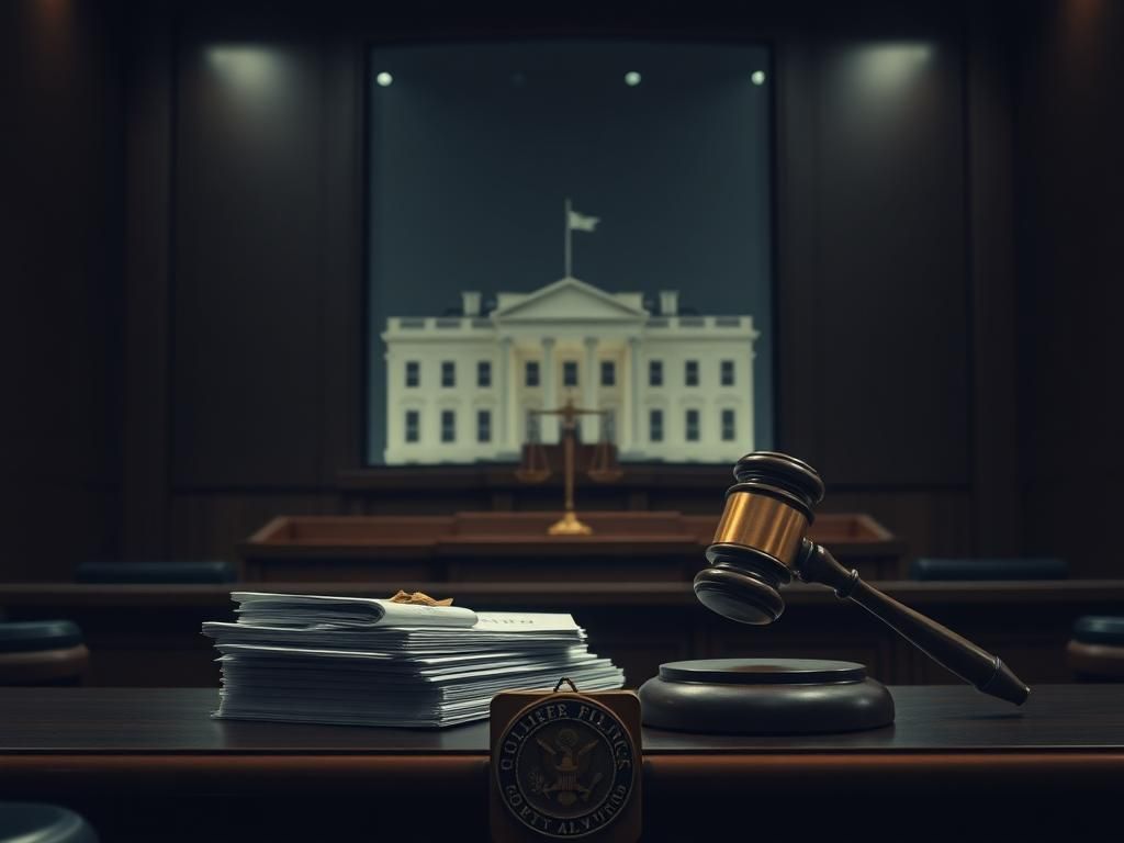 Flick International Courtroom interior with judge's bench and gavel, symbolizing authority and justice