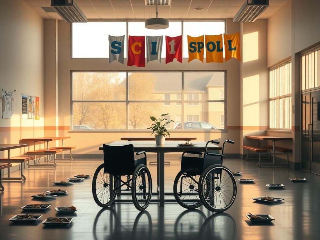 Flick International Empty high school cafeteria with scattered lunch trays and wheelchairs, symbolizing loss and resilience