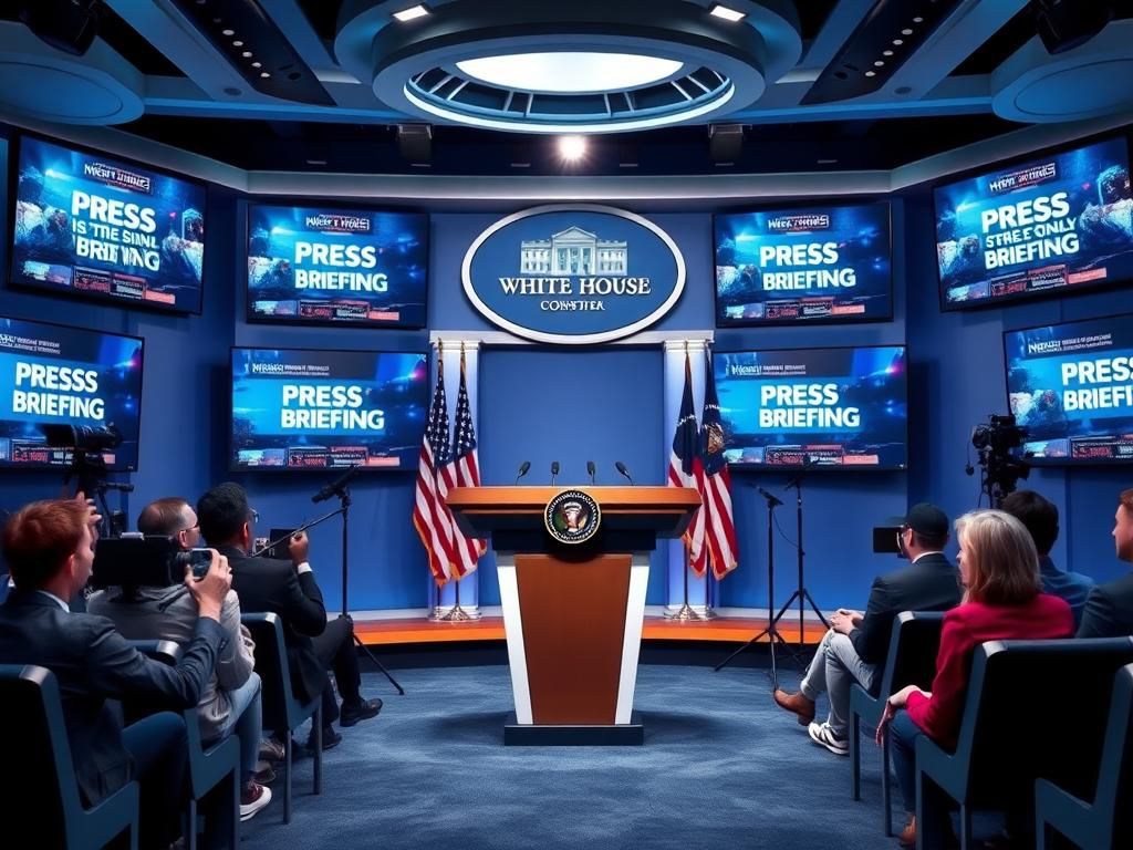 Flick International Image of a modern White House press briefing room with a sleek podium and multiple microphones