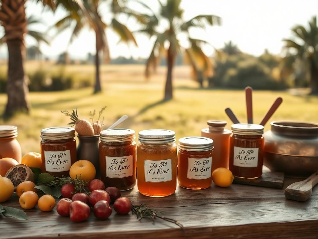 Flick International Rustic wooden table with artisanal fruit preserves in glass jars and fresh ingredients