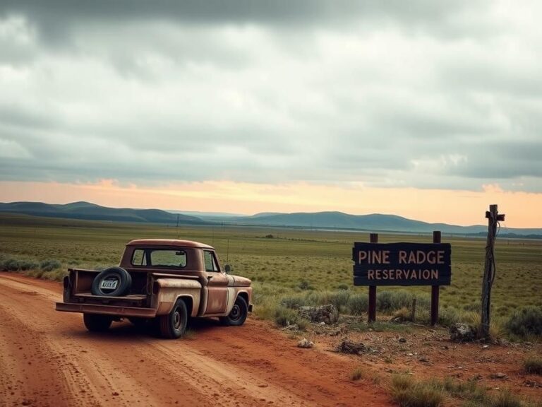 Flick International Abandoned vehicle with bullet scars on a dusty road at Pine Ridge Indian Reservation