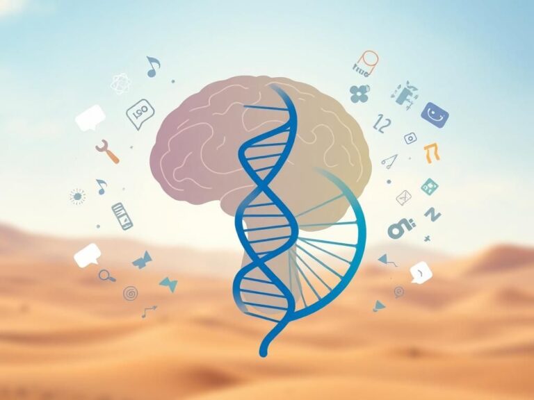 Flick International Illustration of a human brain silhouette intertwined with a DNA helix, representing the genetic link to spoken language.