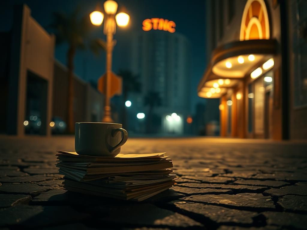 Flick International Dimly lit alley scene with a weathered coffee cup, symbolizing the struggles of filmmaking