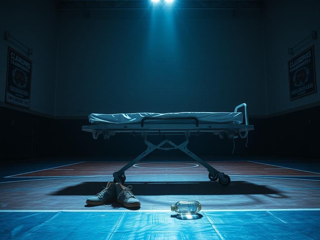 Flick International An empty wrestling mat with a medical stretcher positioned at the edge, highlighting the aftermath of an accident.
