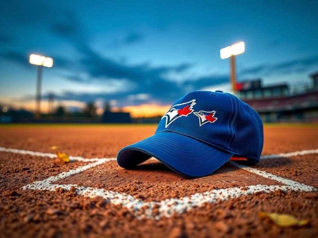 Flick International Close-up of a baseball diamond at dusk with a blue Jays cap on home plate