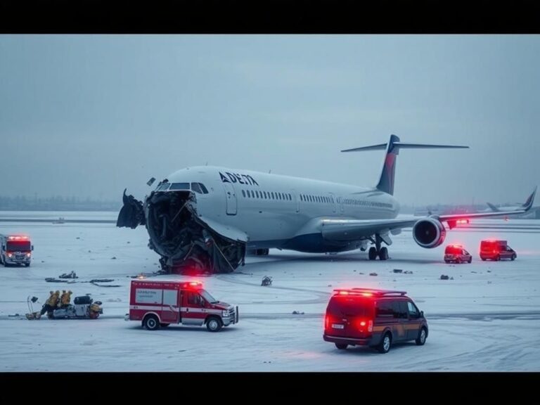 Flick International Delta CRJ-900 jet overturned on snowy tarmac at Toronto Pearson Airport