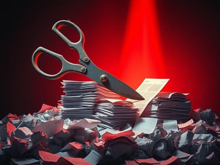 Flick International Oversized scissors cutting through a thick stack of bureaucratic paperwork to symbolize government efficiency.