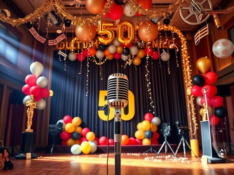 Flick International Grand celebration scene at the 50th anniversary of Saturday Night Live featuring elegant decorations and a vintage microphone.