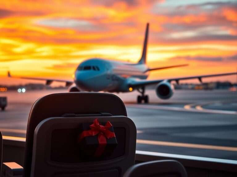 Flick International Empty airplane taxiing on the runway at dusk with colorful sunset sky