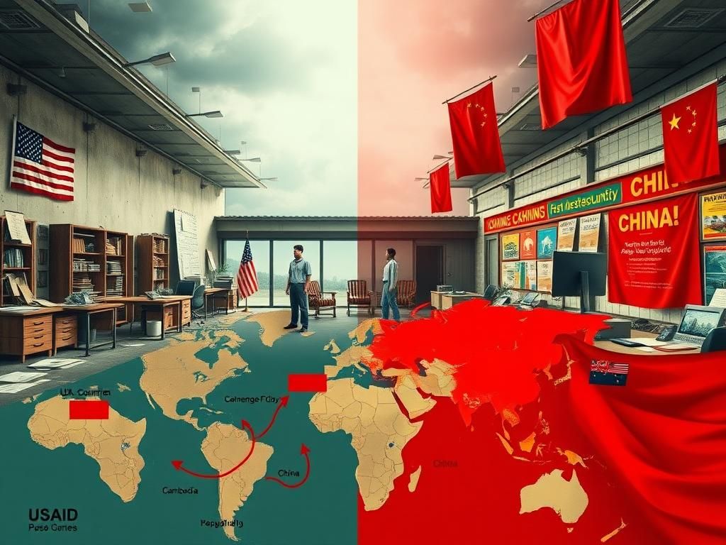 Flick International Split scene showing an abandoned USAID aid office on one side and a bustling Chinese aid center on the other