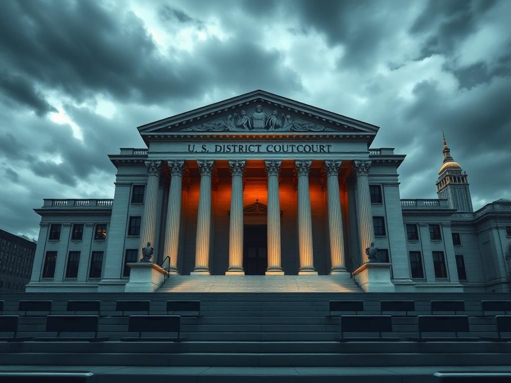 Flick International Dramatic exterior of U.S. District Court in Lower Manhattan, showcasing towering granite columns against a cloudy sky.