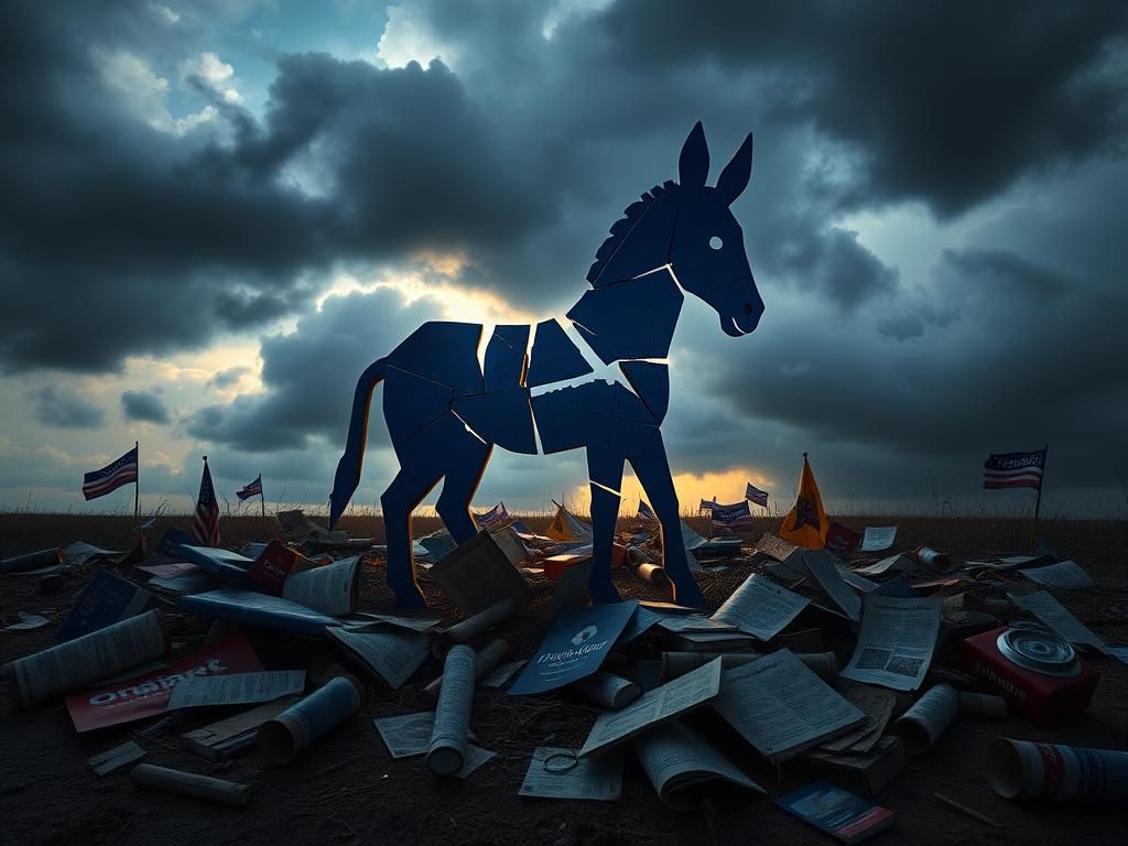 Flick International A fragmented blue donkey, symbolizing a divided Democratic party against dark clouds of uncertainty.