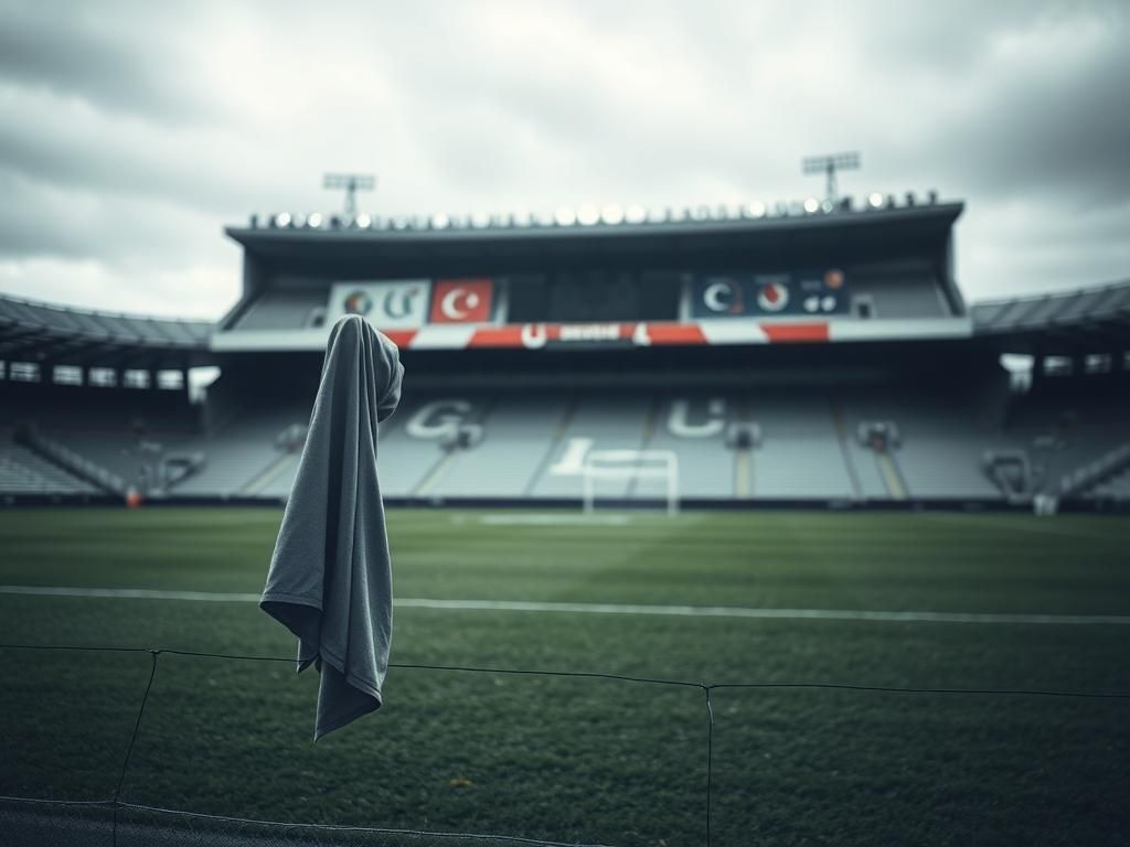 Flick International An empty football field under a gray sky with a lone sports hijab hanging on a fence