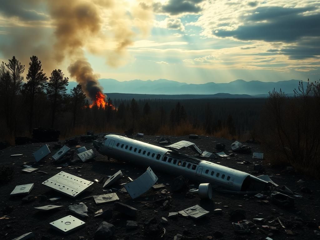 Flick International Aerial view of an airplane crash site with wreckage and smoke