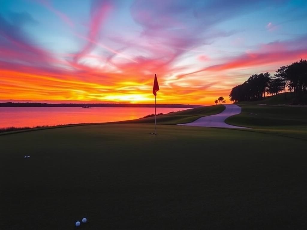 Flick International A dramatic sunset over a golf course reflecting off a calm lake