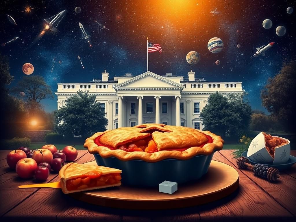 Flick International Artistic representation of the White House with American pie and space exploration elements