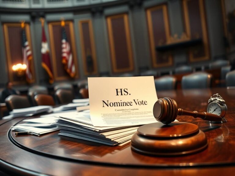 Flick International Close-up of a large wooden desk with documents and a gavel, representing a Senate committee meeting