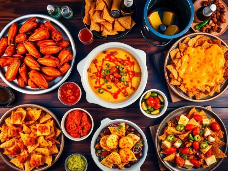 Flick International Vibrant overhead view of a Super Bowl snack spread with buffalo wings and dips