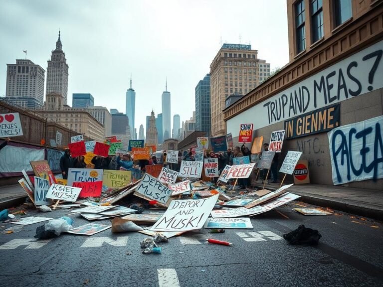 Flick International Colorful protest signs scattered on a wet street scene, symbolizing public dissent