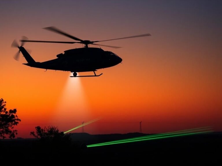 Flick International DHS helicopter patrolling the Texas-Mexico border at dusk with laser beams targeting it